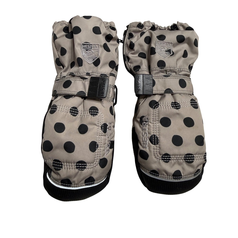 Hestra Zip Gauntlet Mittens Kids Size 4 Tan Black EUC Polka Dot Primaloft Ski